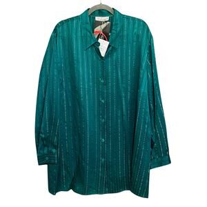 Diane Von Furstenberg Silk Asset Green Stripe Metallic Long Sleeves Silk Top 3X